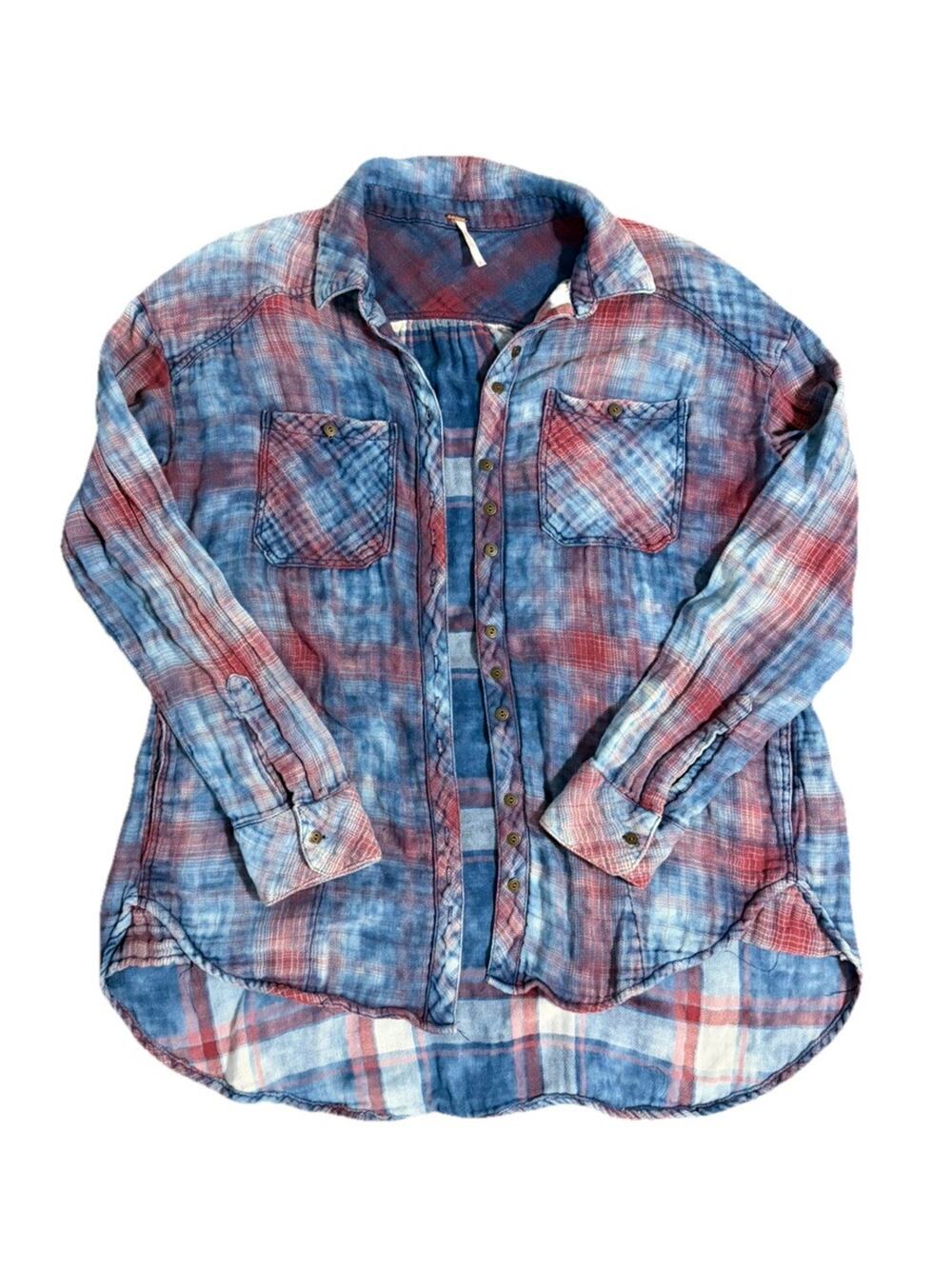 Free People Jacket Shacket Size S quilted Dip Dye Plaid Pockets Grunge